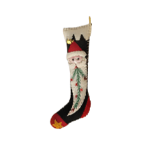 Quirks! Seasonal Decor, Christmas 5.5" Black Stocking w/Santa Face Handcrafted Felt Ornament