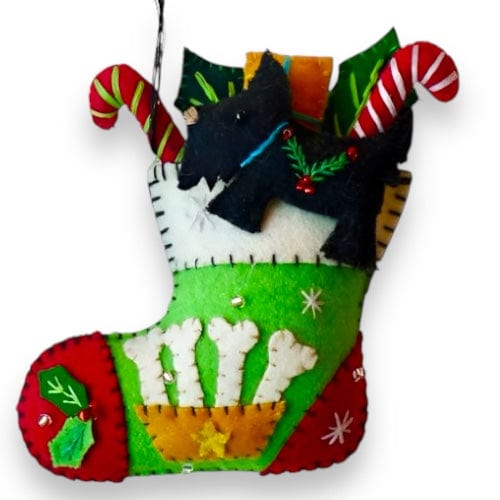 Quirks! Seasonal Decor, Christmas 5" Green Stocking w/ Black Dog Felted Wool Ornament