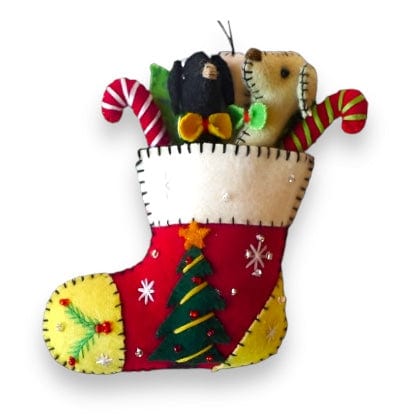 Quirks! Seasonal Decor, Christmas 5" Red Stocking w/Gifts & 2 Dog's Head