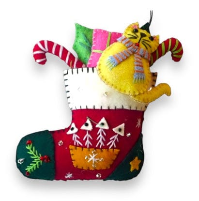Quirks! Seasonal Decor, Christmas 5" Red Stocking w/Yellow Cat & Gifts