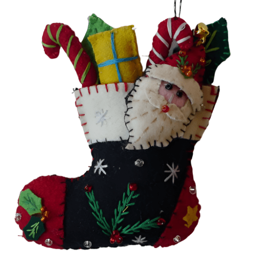 Quirks! Seasonal Decor, Christmas 5" Santa Stocking w/Gifts Handmade Felted Wool Ornament