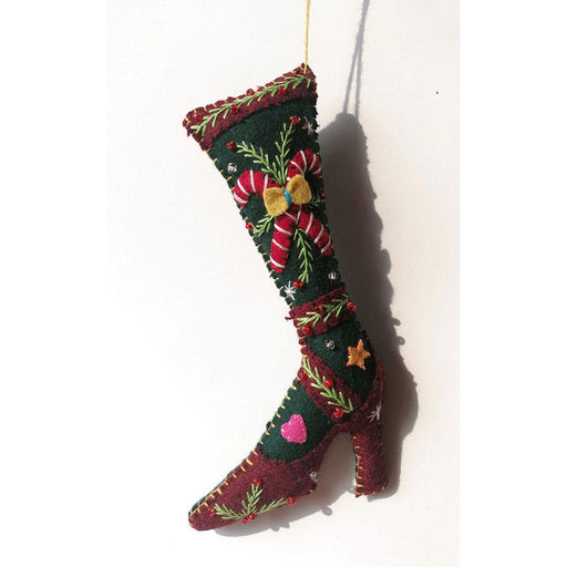 Quirks! Seasonal Decor, Christmas 6.5" Red High Heeled Shoe w/Grn Stocking &Candy Canes