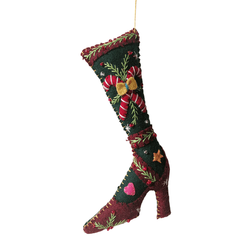 Quirks! Seasonal Decor, Christmas 6.5" Red High Heeled Shoe w/Grn Stocking &Candy Canes