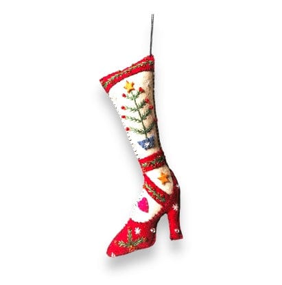 Quirks! Seasonal Decor, Christmas 6.5" Red High Heeled Shoe w/White Stocking & Tree Branch