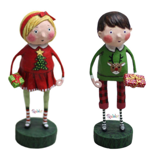Quirks! Seasonal Decor, Christmas Gift Exchange Boy & Girl Set of 2 Christmas Figurines by Lori Mitchell