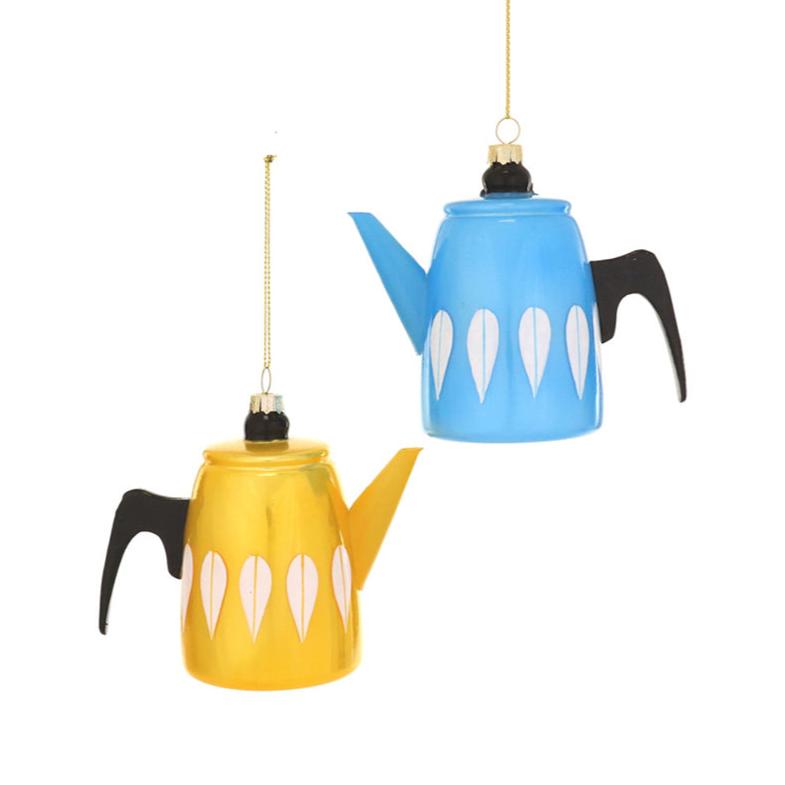 Quirks! Seasonal Decor, Christmas Midcentury Modern Coffee Pot Blown Glass Ornament 2 Asst
