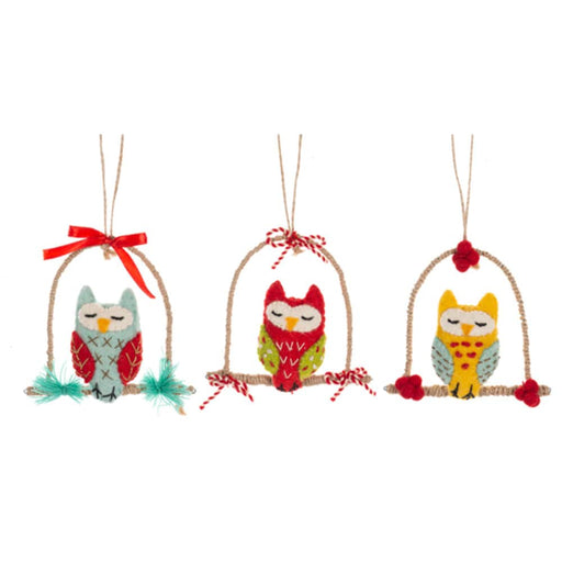 Quirks! Seasonal Decor Felted Wool Stitched Cottage Owl Ornaments Set of 3