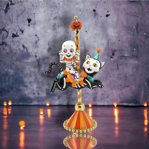 Quirks! Seasonal Decor, Halloween 11" Skull on Cat Carousel by December Diamonds