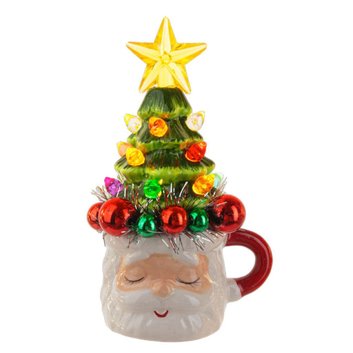 Quirks! Seasonal Decor LED Light Up Santa Head in Mug w/Tree Figurine