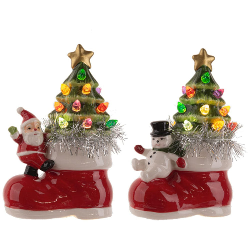 Quirks! Seasonal Decor LED Light Up Santa & Snowman w/Tree in Boot Figurines Set/2