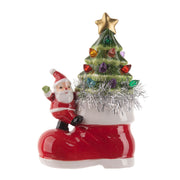 Quirks! Seasonal Decor Light Up Ceramic Santa w/Tree in Boot Figurine