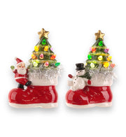 Quirks! Seasonal Decor Light Up Ceramic Santa w/Tree in Boot Figurine
