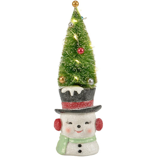 Quirks! Seasonal & Holiday Decorations Lighted Snowman w/ Bottle Brush Tree Figurine
