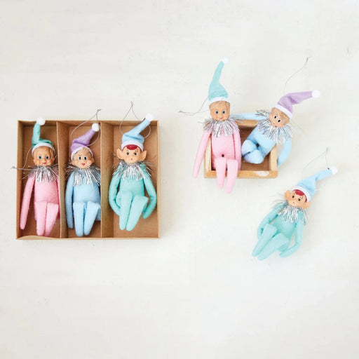 Quirks! Seasonal & Holiday Decorations Pastel MCM KneeHugger Elf Ornaments, Set of 3 Vintage Reproduction