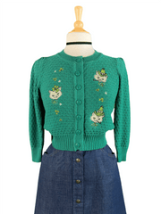 Quirks! Sweaters Paddy Cats Cropped Cardigan in Green - SMALL