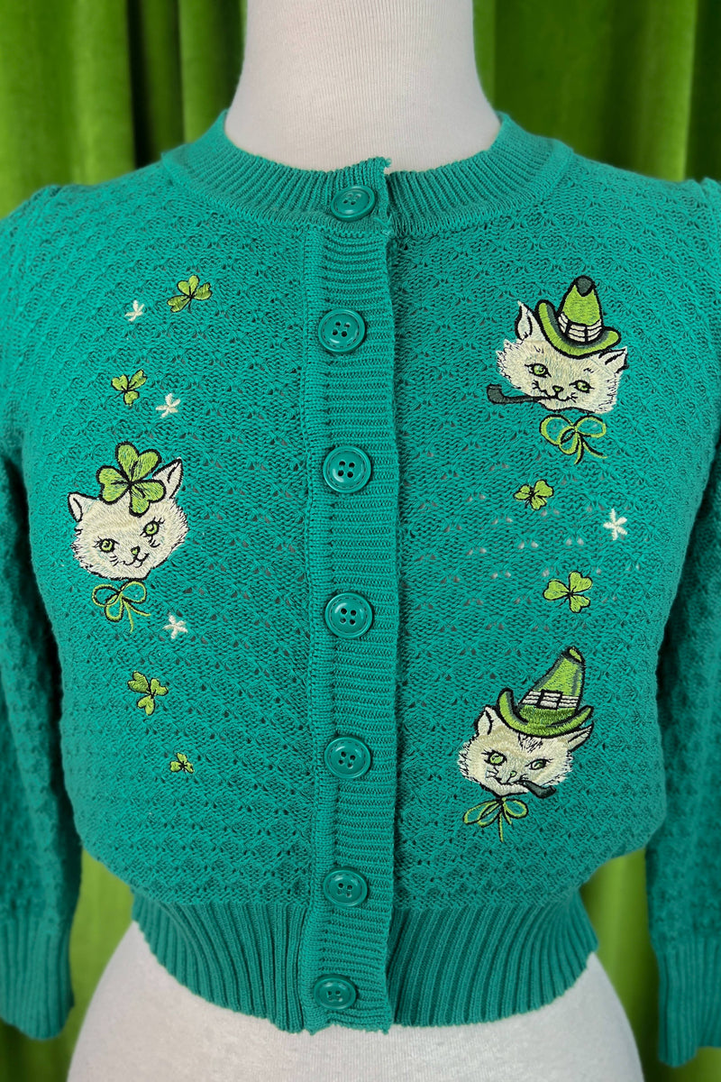 Quirks! Sweaters Paddy Cats Cropped Cardigan in Green - SMALL