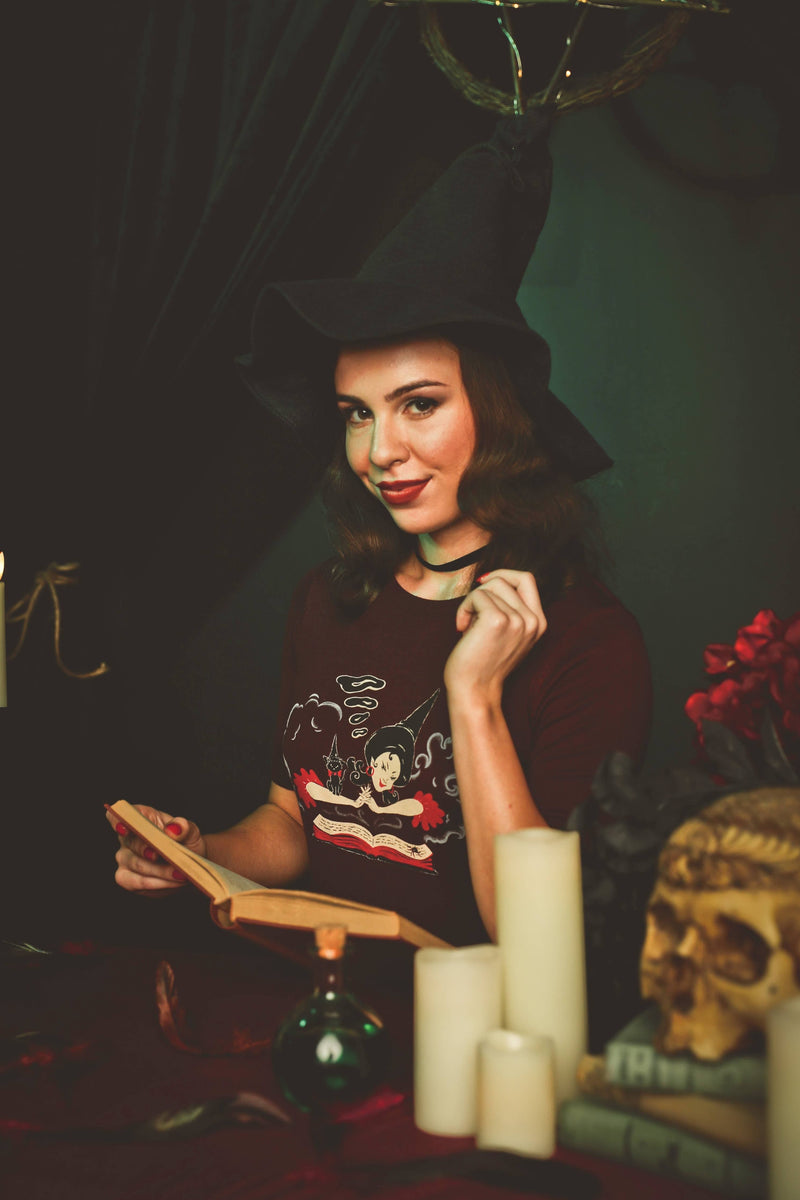 Quirks! T-shirt Witch Bible short sleeve Sweater in Burgundy by Mischief Made