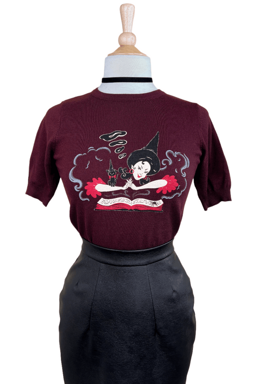 Quirks! T-shirt Witch Bible short sleeve Sweater in Burgundy by Mischief Made