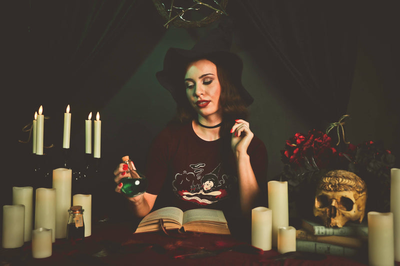 Quirks! T-shirt Witch Bible short sleeve Sweater in Burgundy by Mischief Made