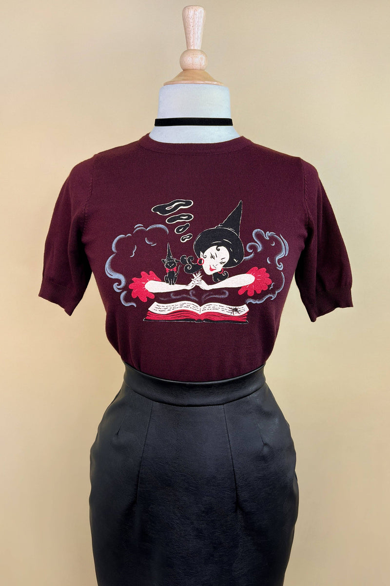 Quirks! T-shirt Witch Bible short sleeve Sweater in Burgundy by Mischief Made