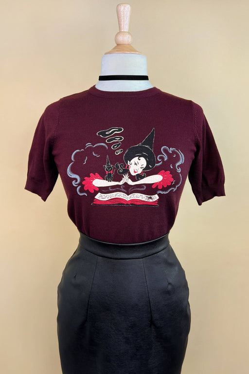 Quirks! T-shirt Witch Bible short sleeve Sweater in Burgundy by Mischief Made