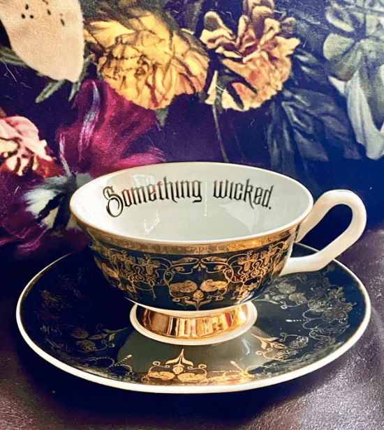 Quirks! tea cup Black Nouveau Something Wicked Insult Teacup and Saucer by Miss Havisham