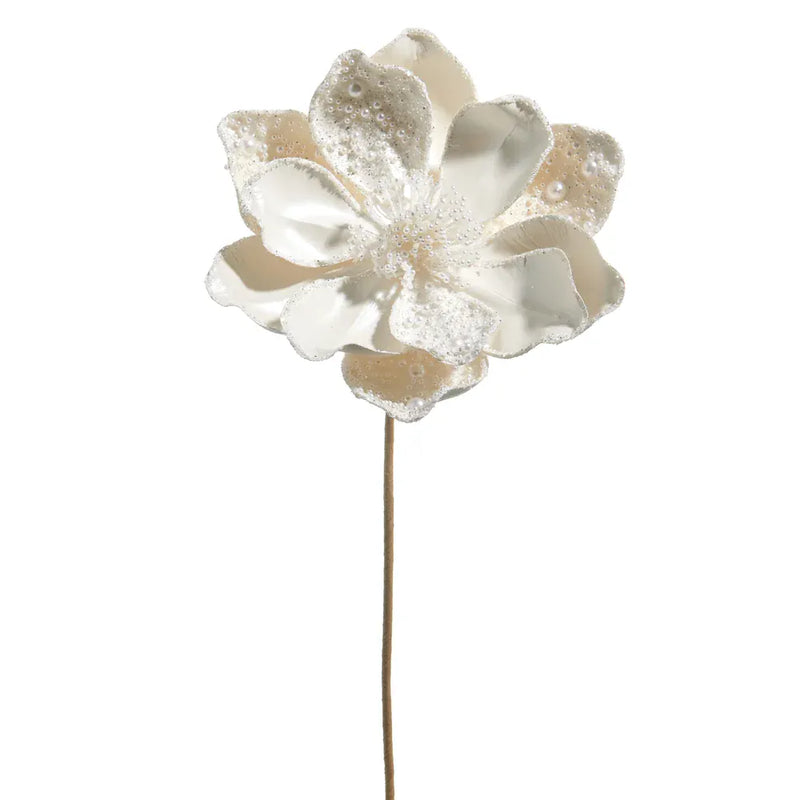 RAZ Imports Christmas 20" White Pearl Beaded Magnolia Pick