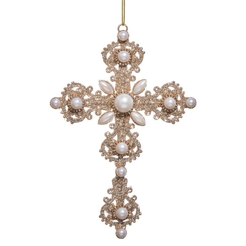 RAZ Imports Christmas 6.5" Glitter and Pearl Cross Ornament