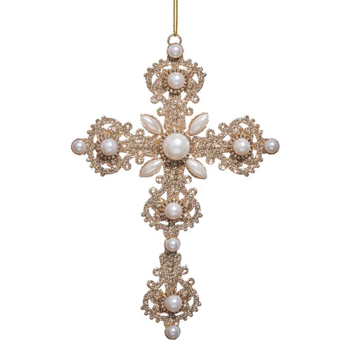 RAZ Imports Christmas 6.5" Glitter and Pearl Cross Ornament