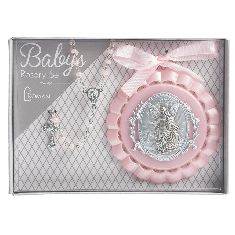 Roman 4.25"H PINK CRADLE MEDAL AND ROSARY SET