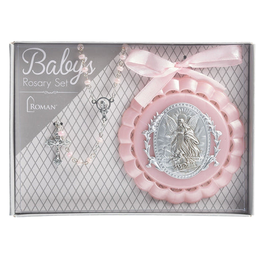 Roman 4.25"H PINK CRADLE MEDAL AND ROSARY SET
