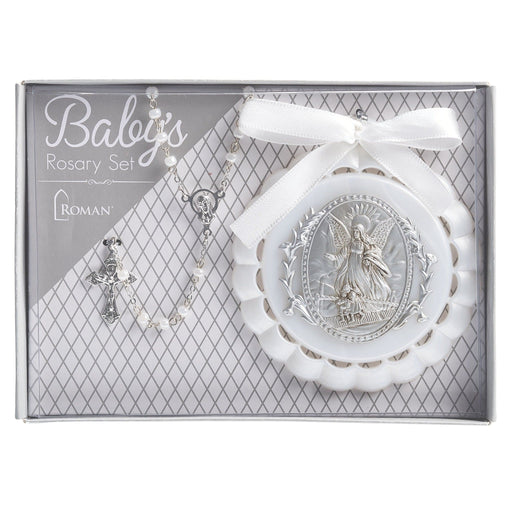 Roman 4.25"H White Cradle Medal and Rosary Set