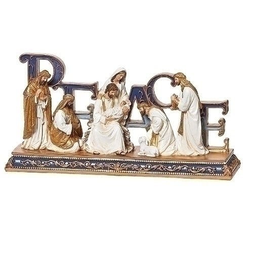 Roman 5.75"H  Peace Nativity Blue and Gold Scene