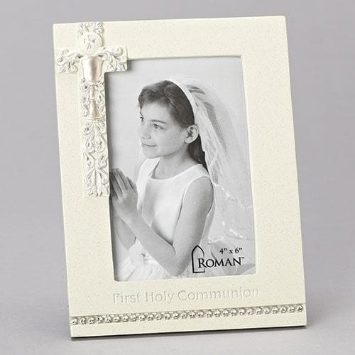 Roman 8" Communion Frame Holds 4x6 Vertical Silver ScrollCalice Design