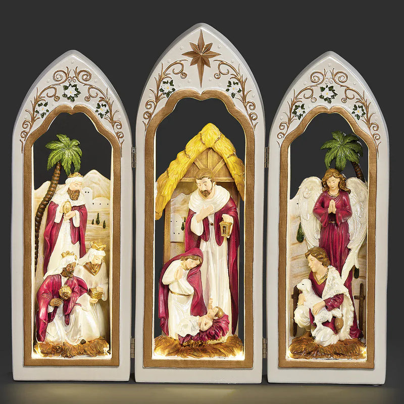 Roman Christmas Lighted Holy Family Triptych with Pearlized Finish & Scrolls