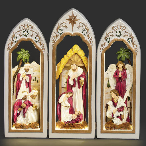 Roman Christmas Lighted Holy Family Triptych with Pearlized Finish & Scrolls
