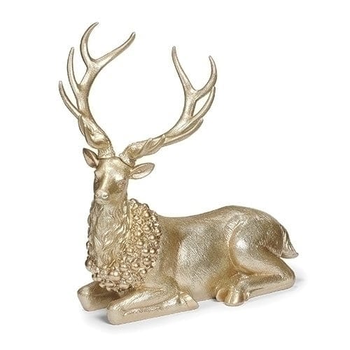 Roman Unclassified 17" H Gold Glitter Deer Laying Down, Wreath around Neck