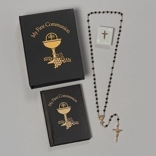Roman Unclassified 4PC BLACK/GOLD COMMUNION SET FOLDER W/ROSARY, BOOK, PIN