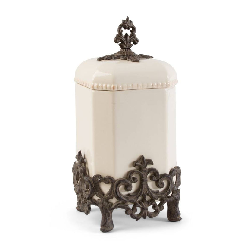 The GG Collection Canisters Medium Provenical Canister with Metal Base - Cream 15"H