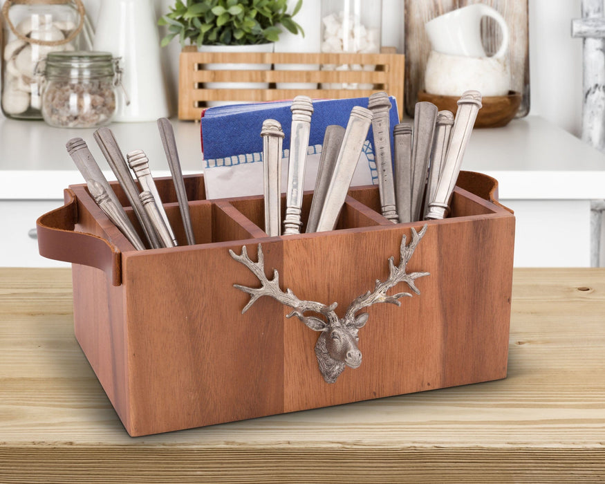 Elk Head Handles Wood Flatware Caddy