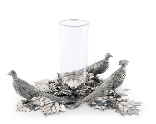 Vagabond House Morning Hunt Pewter Pheasants Pillar Hurricane Centerpiece