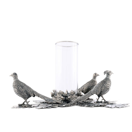 Vagabond House Morning Hunt Pewter Pheasants Pillar Hurricane Centerpiece