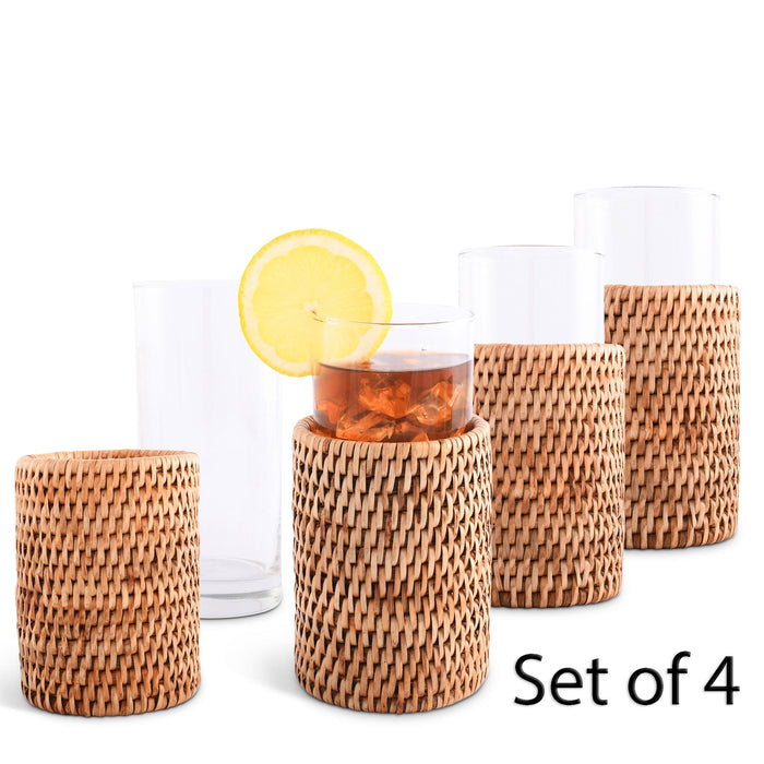 Drinking Glass Covered with Hand Woven Wicker Rattan - Set of 4