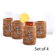 Vagabond House Sea and Shore Anchor Drinking Glass Covered with Hand Woven Wicker Rattan - Set of 4