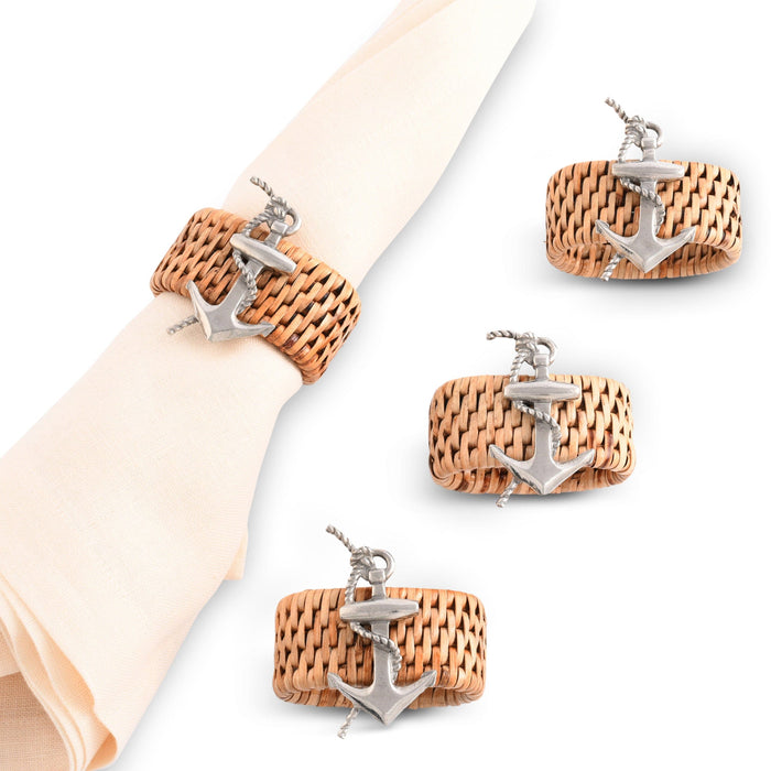 Anchor Hand Woven Wicker Rattan Napkin Ring - Set of 4