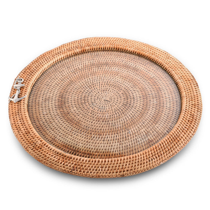 Anchor Round Serving Tray Hand Woven Wicker Rattan - Glass Insert