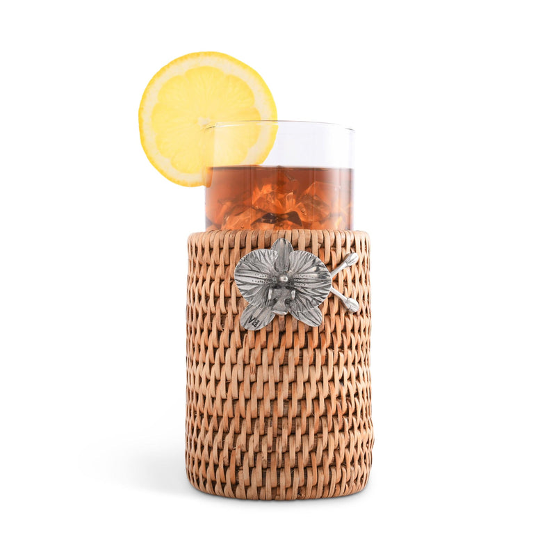 Vagabond House Tropical Tales Orchid Drinking Glass Covered with Hand Woven Wicker Rattan - Set of 4