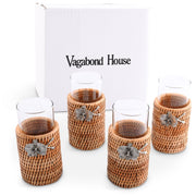 Vagabond House Tropical Tales Orchid Drinking Glass Covered with Hand Woven Wicker Rattan - Set of 4