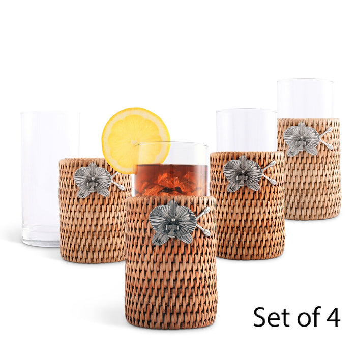 Orchid Drinking Glass Covered with Hand Woven Wicker Rattan - Set of 4