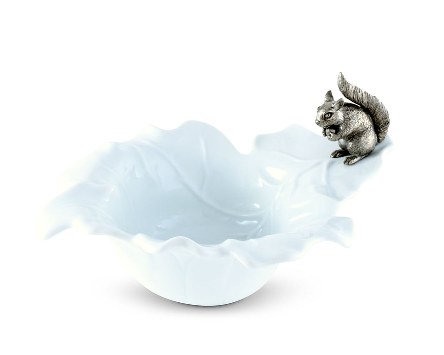 Vagabond House Woodland Creatures Fine Porcelain Leaf Bowl with Pewter Squirrel